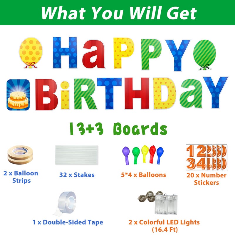 ComboJoy 16 Pcs Happy Birthday Yard Sign with Stakes, Personalized Age Plastic Signs with LED Lights, 20 Number Stickers & Colorful Letters, Weatherproof Birthday Decorations for Indoor & Outdoor Lawn - Image 2